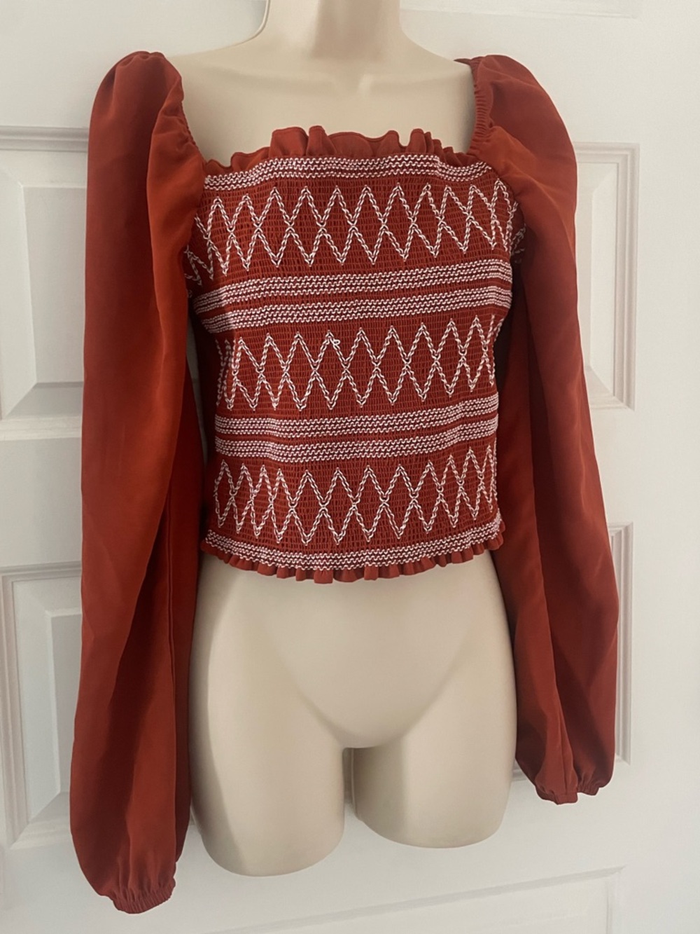 SHEIN Red Orange Smocked Puff Sleeve Crop Top - L
